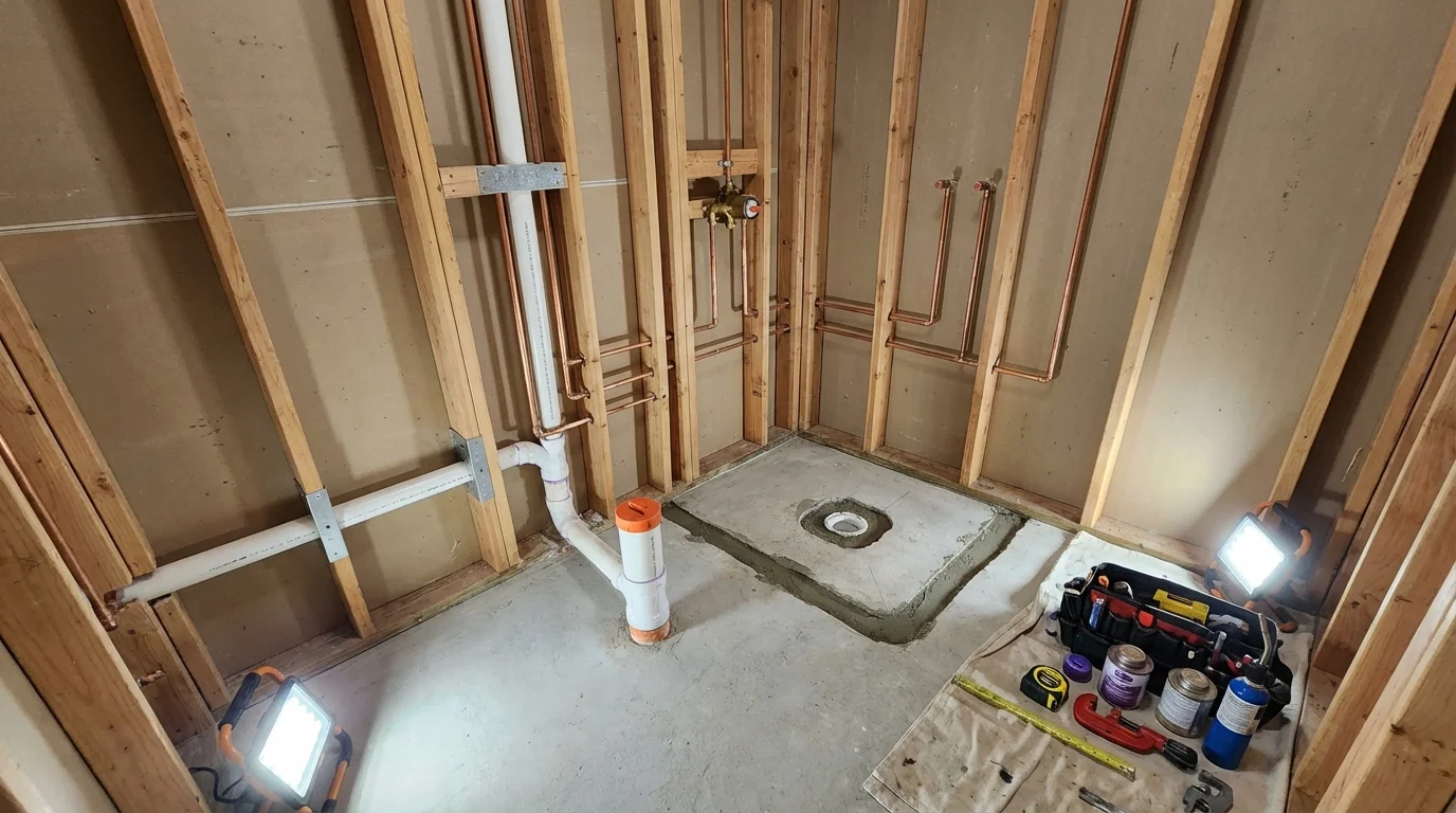 Bathroom rough-in plumbing during remodel by Johns Plumbing LLC in Silver Springs