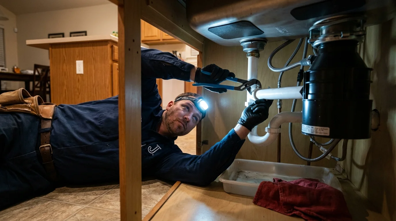 P-trap and supply line connections under a kitchen sink showing a common leak point in Silver Springs, FL